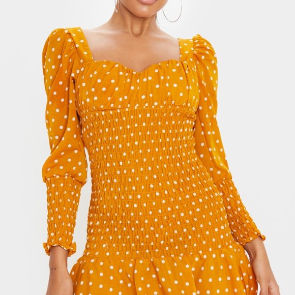 PrettyLittleThing Dresses & Skirts - Pretty Little Thing Mustard Polka Dot Bodycon Dress NWT